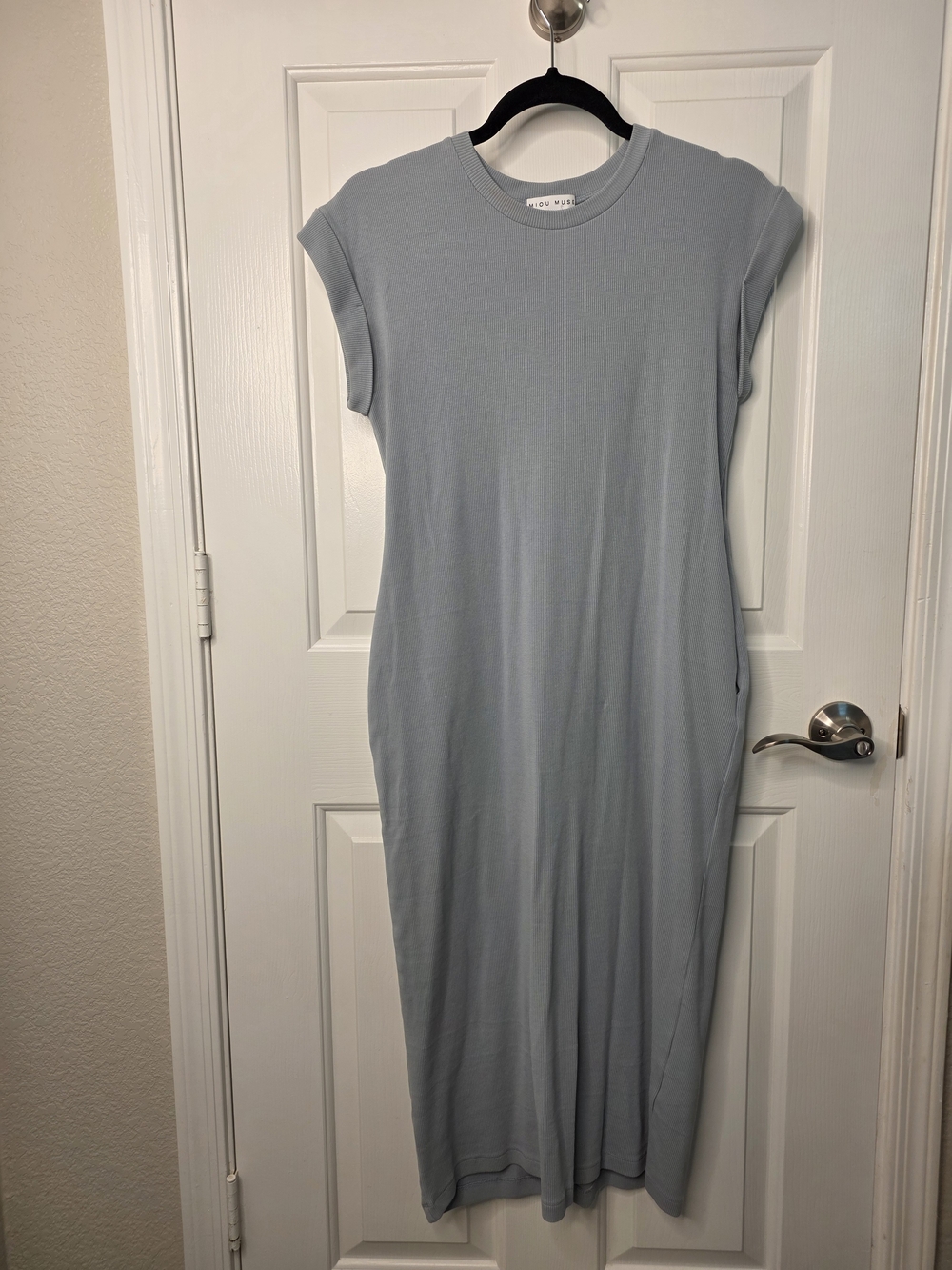 Miou Muse Ribbed Cap Sleeve Midi Dress – Size M – Light Blue – Side Slit – Bodyc